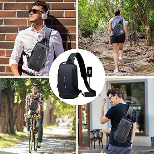 Fashion Men Sling Bag Pack with Lock Waterproof Anti-Theft Chest Bag with USB