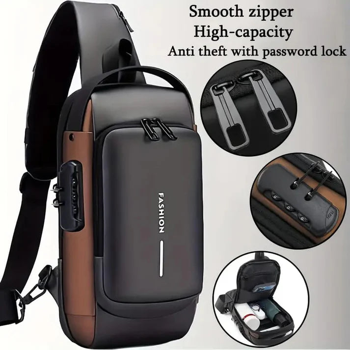 Fashion Men Sling Bag Pack with Lock Waterproof Anti-Theft Chest Bag with USB